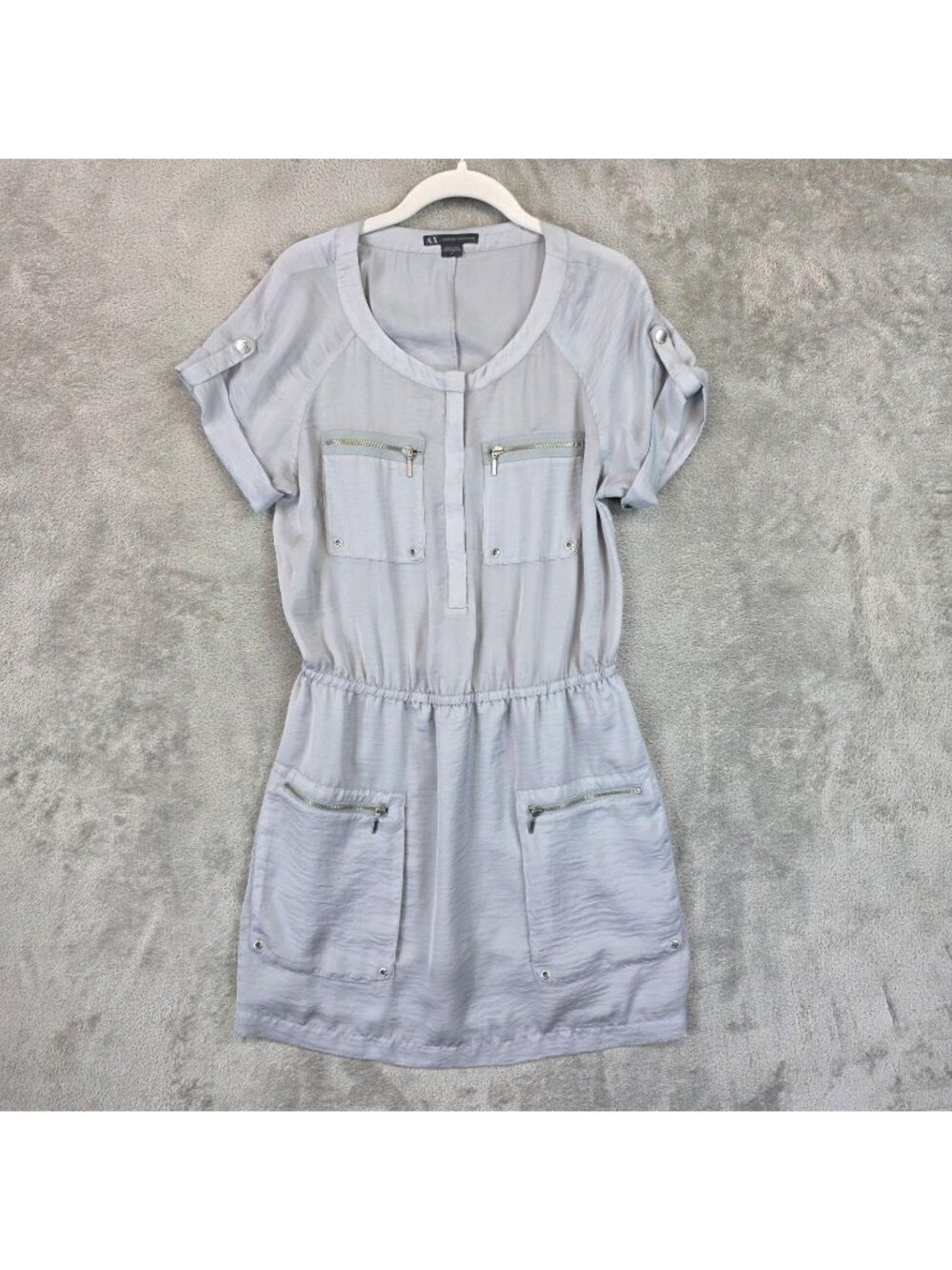 Armani Exchange Shirt Dress Womens 10 Gray Scoop Neck Short Sleeve Pockets Zip